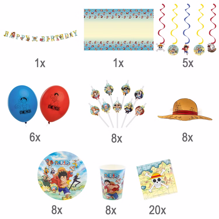 XXL One Piece Party-Set Kindergeburtstag 65-tlg. Party-Deko Tischdeko Deko Dekoration Kindergeburtstag Geburtstag Manga Anime Comic Filmheld Party-Geschirr Übersicht über die Einzelteile des One Piece Party-Sets.