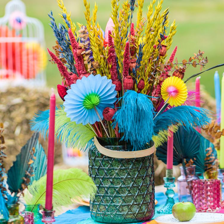 Vase grün Deko-Vase 18 x 26,7 cm mit Bambusgriff Kerzenhalter Windlicht Tisch-Deko Hochzeit Geburtstag Sommerfest Herbst Winter Garten-Party Wohn Accessoire Home Dekoration