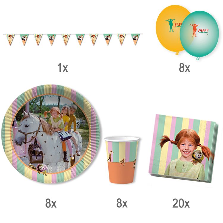 Pippi Langstrumpf Party-Set 45-tlg. Tisch-Deko Party-Zubehör Party-Geschirr Kindergeburtstag Mottoparty