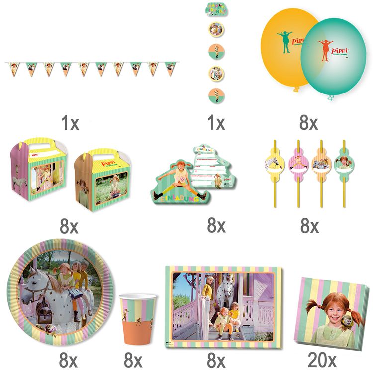 Pippi Langstrumpf XXL Party-Set 78-tlg. Tisch-Deko Party-Zubehör Party-Geschirr Kindergeburtstag Mottoparty