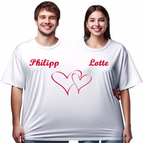 Doppel T-Shirt für 2 Personen mit Vorname Partyspaß für Geburtstage & Hochzeiten Partyspiel Fun-T-Shirt Fasching Karneval Mottoparty Wunschname Doppel T-Shirt für zwei Personen mit individuellem Wunschnamen Philipp und Lotte als Beispiel bedruckt und Doppelherz von Vorne