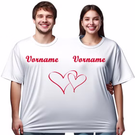 Doppel T-Shirt für 2 Personen mit Vorname Partyspaß für Geburtstage & Hochzeiten Partyspiel Fun-T-Shirt Fasching Karneval Mottoparty Wunschname Doppel T-Shirt für zwei Personen mit individuellem Vornamen bedruckt und Doppelherz von Vorne