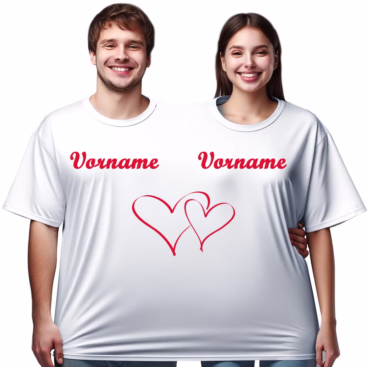 Doppel T-Shirt für 2 Personen mit Vorname Partyspaß für Geburtstage & Hochzeiten Partyspiel Fun-T-Shirt Fasching Karneval Mottoparty Wunschname Doppel T-Shirt für zwei Personen mit individuellem Vornamen bedruckt und Doppelherz von Vorne