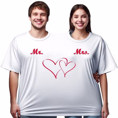 Doppel T-Shirt für 2 Personen Mr. & Mrs. Partyspaß für Geburtstage & Hochzeiten Partyspiel Fun-T-Shirt Fasching Karneval Mottoparty Wunschname Doppel T-Shirt für zwei Personen mit Mr.und Mrs. bedruckt und Doppelherz von Vorne
