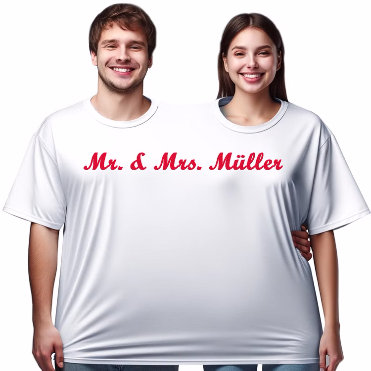 Doppel T-Shirt für 2 Personen Wunschname Nachname für Geburtstage & Hochzeiten Partyspiel Fun-T-Shirt Fasching Karneval Mottoparty Wunschname Doppel T-Shirt für 2 Personen Nachname Müller von Vorne
