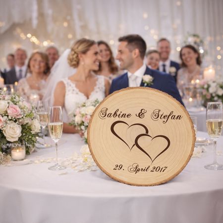 Baumscheibe mit Gravur Doppelherz Namen und Datum Hochzeit Jahrestag