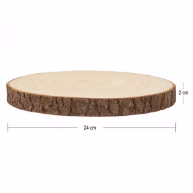 Runde naturbelassene Baumscheibe aus Holz mit sichtbarer Rinde, Seitenansicht mit Maßangaben: Durchmesser 24 cm und Höhe 2 cm.