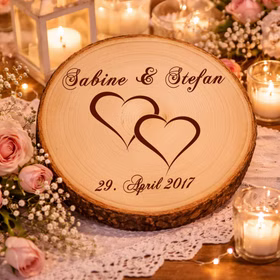 Gravierte Holz-Baumscheibe mit Herzmotiv, umgeben von Kerzen, Rosen und Spitze als romantische Hochzeitsdekoration in warmem Licht.