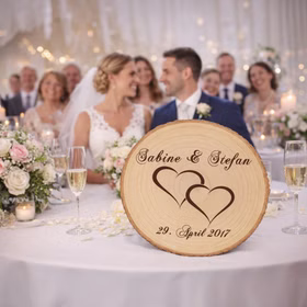 Personalisierte Baumscheibe mit Hochzeitsgravur als Dekoration auf einer festlich gedeckten Hochzeitstafel, im Hintergrund ein Brautpaar und Hochzeitsgäste in feierlicher Atmosphäre.