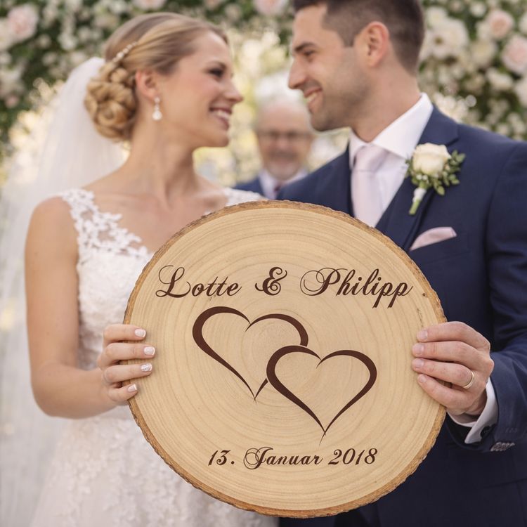 Baumscheibe mit Gravur Doppelherz Namen und Datum Hochzeit Jahrestag Personalisierte Baumscheibe mit Hochzeitsgravur als Dekoration auf einer festlich gedeckten Hochzeitstafel, im Hintergrund ein Brautpaar und Hochzeitsgäste in feierlicher Atmosphäre.
