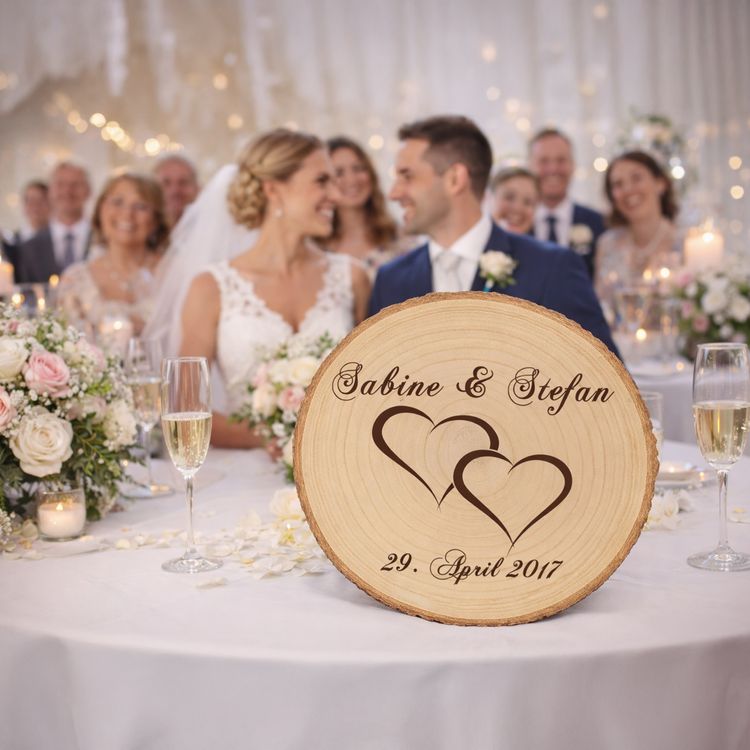 Baumscheibe mit Gravur Doppelherz Namen und Datum Hochzeit Jahrestag Personalisierte Baumscheibe mit Hochzeitsgravur als Dekoration auf einer festlich gedeckten Hochzeitstafel, im Hintergrund ein Brautpaar und Hochzeitsgäste in feierlicher Atmosphäre.