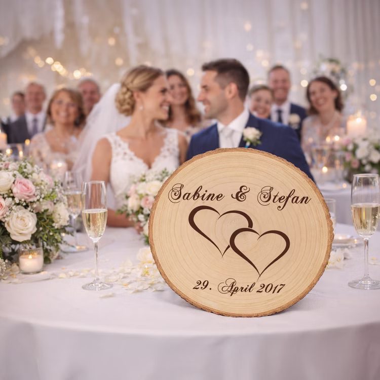 Baumscheibe mit Gravur Doppelherz Namen und Datum Hochzeit Jahrestag Holzscheibe Geschenkidee Brautpaar Hochzeitsgeschenk Personalisierte Baumscheibe mit Hochzeitsgravur als Dekoration auf einer festlich gedeckten Hochzeitstafel, im Hintergrund ein Brautpaar und Hochzeitsgäste in feierlicher Atmosphäre.