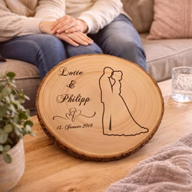 Gravierte Holzscheibe mit Hochzeitsmotiv liegt auf einem Couchtisch im Wohnzimmer, im Hintergrund sitzt ein Paar entspannt auf dem Sofa.