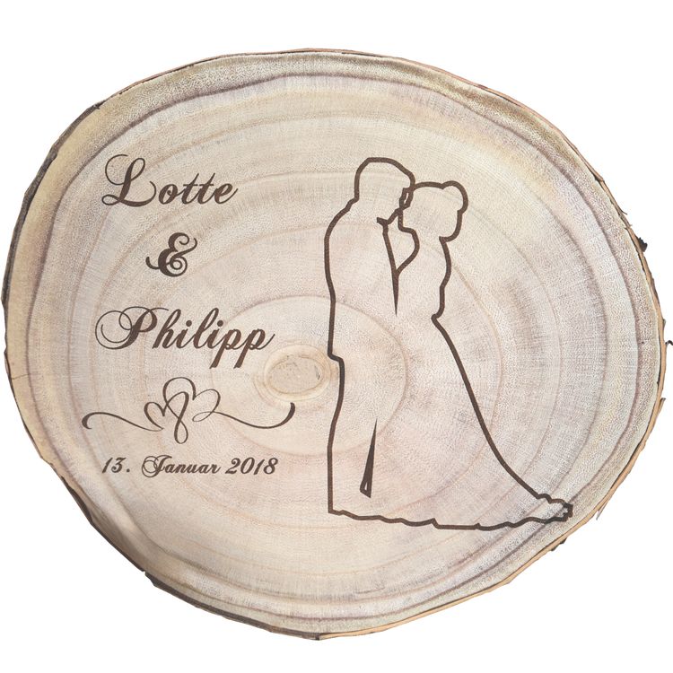 Baumscheibe mit Gravur 30 cm Brautpaar Namen und Datum Hochzeit Jahrestag Baumscheibe mit Gravur Lotte & Philipp 13. Januar 2018 mit Doppelherzen und Brautpaar-Motiv