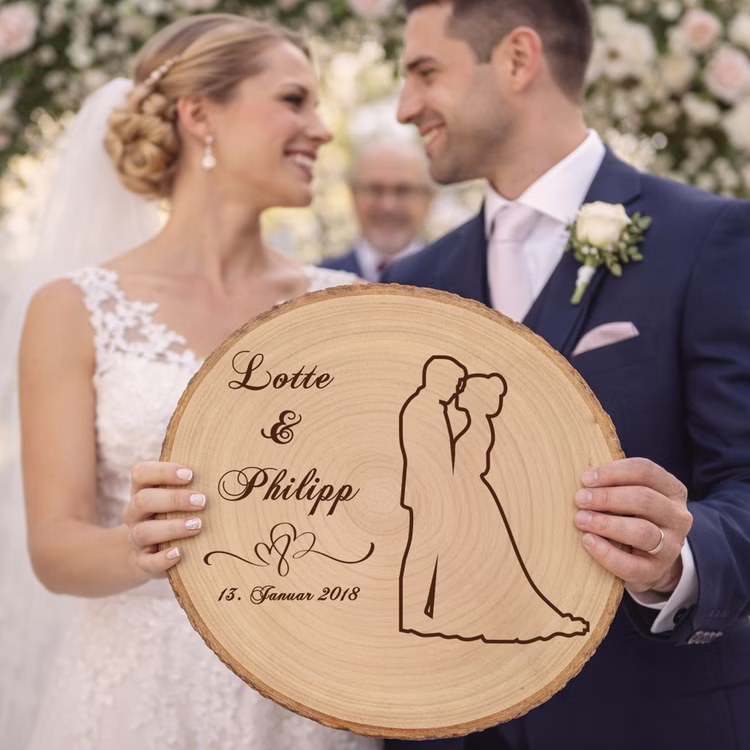 Baumscheibe mit Gravur 30 cm Brautpaar Namen und Datum Hochzeit Jahrestag Geschenkidee Hochzeitsgeschenk Silberhochzeit Braut und Bräutigam halten eine personalisierte Baumscheibe mit Hochzeitsgravur während der Zeremonie, im Hintergrund Blumen und Hochzeitsgesellschaft.