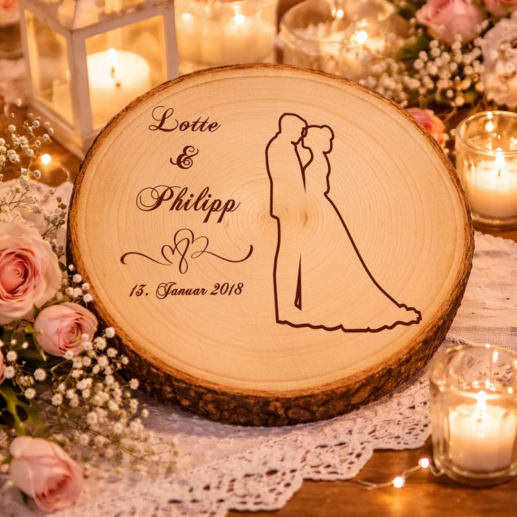 Baumscheibe mit Gravur 30 cm Brautpaar Namen und Datum Hochzeit Jahrestag Braut und Bräutigam halten eine personalisierte Baumscheibe mit Hochzeitsgravur während der Zeremonie, im Hintergrund Blumen und Hochzeitsgesellschaft.