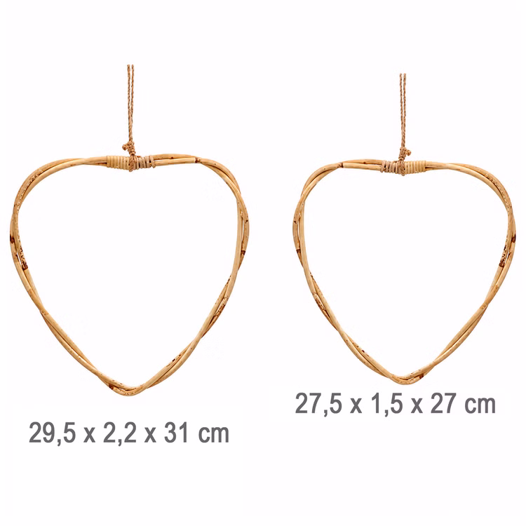 Rattan-Herzen 2er Set Natur 27 & 29 cm Deko-Herzen zum Basteln SALE Hochzeit Dekoration Bastelbedarf Türdeko Geschenk Natürliche Rattan-Herzen zum Hängen im 2er-Set mit Maßangaben.