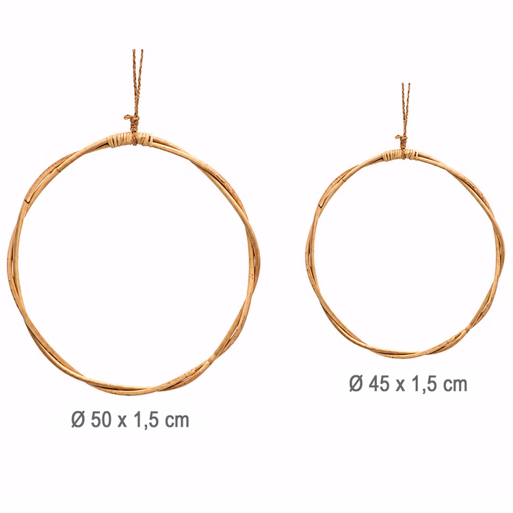Große Rattan-Kranz rund 2er Set 50 & 45 cm Natur Deko zum Basteln Boho Vintage Bastelbedarf SALE Hochzeit Dekoration Bastelmaterial Türdeko Geschenk 2er-Set Rattan-Kranz mit Maßangaben.