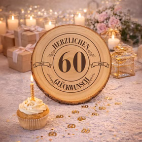 Baumscheibe mit Gravur „Herzlichen Glückwunsch 60“ dekorativ arrangiert mit Kerzen, Geschenken und goldener Geburtstagsdekoration.