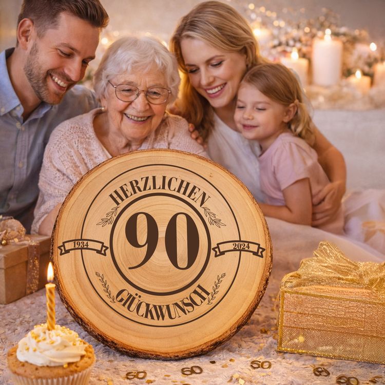 Baumscheibe Herzlichen Glückwünsch mit Wunschzahl-Gravur 30 cm Geburtstag Glückliche ältere Frau mit Familie bei der Geburtstagsfeier, im Vordergrund eine Baumscheibe mit Gravur „Herzlichen Glückwunsch 90“.