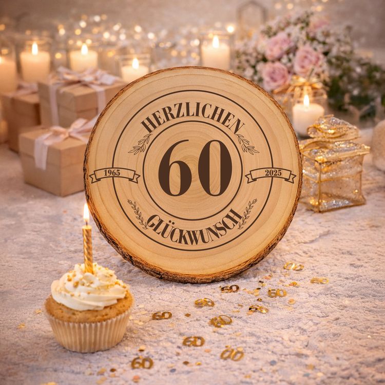 Baumscheibe Herzlichen Glückwünsch mit Wunschzahl-Gravur 30 cm Geburtstag Glückliche ältere Frau mit Familie bei der Geburtstagsfeier, im Vordergrund eine Baumscheibe mit Gravur „Herzlichen Glückwunsch 90“.