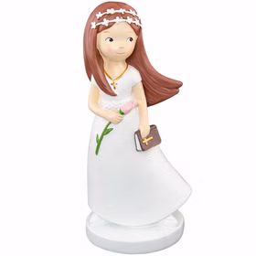 Kommunion Deko Tortenfigur für Kommunionskuchen Mädchen mit Blume & Bibel 15 cm weiß Feier Party-Deko Party-Zubehör Erstkommunion Tortenfigur Kommunion Jugendweihe Tisch-Deko Figur Kommunion Mädchen im weißen Kleid mit langen, braunen Haaren Blume und Bibel in der Hand und mit weißem Blumenkranz im Haar vor weißem Hintergrund.
