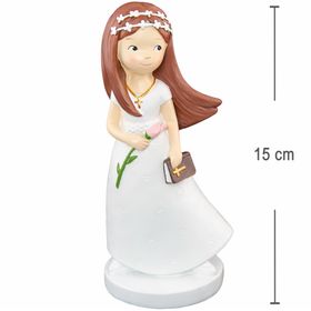 Figur Kommunion Mädchen im weißen Kleid mit langen, braunen Haaren Blume und Bibel in der Hand und mit weißem Blumenkranz im Haar vor weißem Hintergrund.