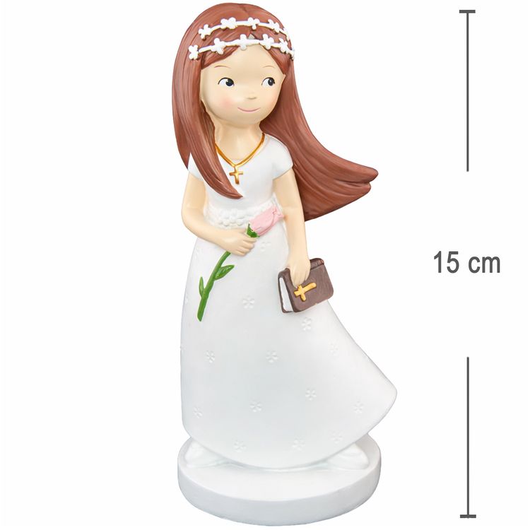 Figur Kommunion Mädchen im weißen Kleid mit langen, braunen Haaren Blume und Bibel in der Hand und mit weißem Blumenkranz im Haar vor weißem Hintergrund.