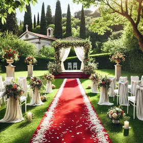 Roter Teppich 1 x 5 m luxuriös mit Samt-Touch roter Läufer Hochzeit Geburtstag Party-Zubehör Party-Accessoire Mottoparty Roter Teppichläufer aufgerollt im Garten und mit weißen Blüten bestreut, Hinweis: KI generiertes Bild