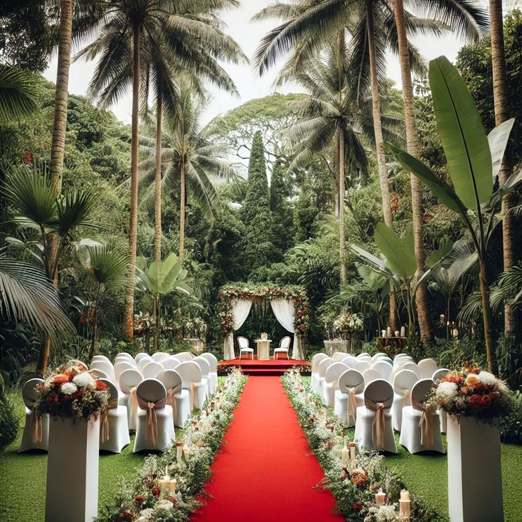 Roter Teppich 1 x 5 m luxuriös mit Samt-Touch roter Läufer Hochzeit Geburtstag Roter Teppichläufer aufgerollt im Garten und mit weißen Blüten bestreut