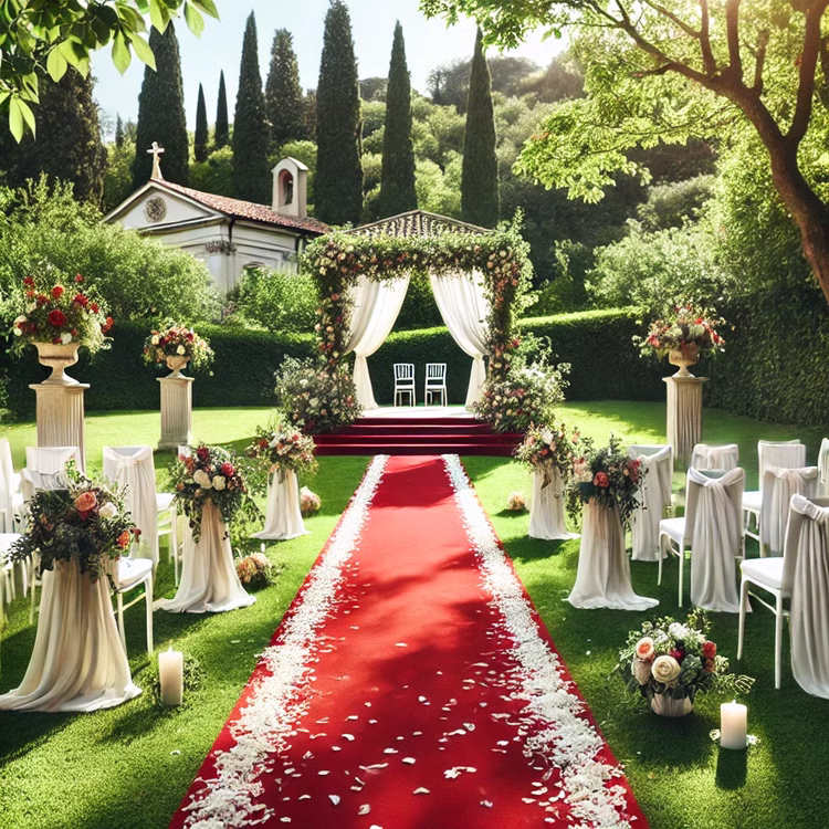 Roter Teppich 1 x 5 m luxuriös mit Samt-Touch roter Läufer Hochzeit Geburtstag Party-Zubehör Party-Accessoire Mottoparty Roter Teppichläufer aufgerollt im Garten und mit weißen Blüten bestreut, Hinweis: KI generiertes Bild