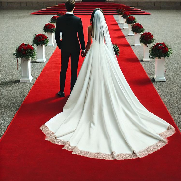 Roter Teppich 1 x 5 m luxuriös mit Samt-Touch roter Läufer Hochzeit Geburtstag Roter Teppichläufer aufgerollt im Garten und mit weißen Blüten bestreut