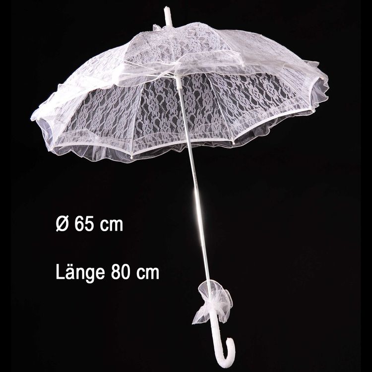 Schirm Weiß Ø 65 cm für Hochzeit Trauung Spitzenschirm Automatik 80 cm lang Weißer Spitzenschirm aufgespannt mit 65 Zentimeter Durchmesser und weißem Kunststoffgriff von Vorne