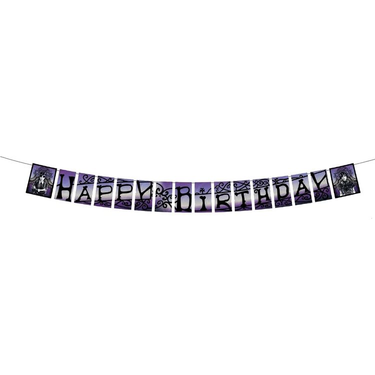 Wednesday Happy Birthday Banner 200 x 18,5 cm Party-Zubehör Deko Wednesday Happy Birthday Banner in Lila und Schwarz mit dekorativen Ornamenten und Figurenmotiven, aufgehängt an einer Schnur