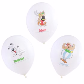 Weiße Luftballons mit Idefix Asterix und Obelix farbig bedruckt