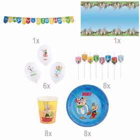 Übersicht der enthaltenen Bestandteile des Asterix & Obelix Party-Sets mit Mengenangaben zu Dekoration und Geschirr.