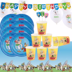 Asterix & Obelix Party-Set mit Tellern, Bechern, Girlande, Ballons, Trinkhalmen und Tischdecke in Übersichtsdarstellung.