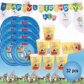 Asterix & Obelix 32-teiliges Party-Set mit Partygeschirr, Ballons, Girlande und Tischdecke für Kindergeburtstag.