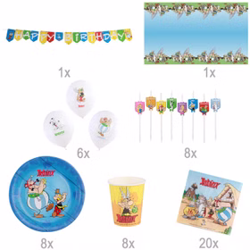 Übersicht der enthaltenen Bestandteile des Asterix & Obelix Party-Sets mit Mengenangaben zu Dekoration und Geschirr.