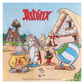 Asterix Serviette mit Motiv aus dem gallischen Dorf neben Zaubertrankkessel und Obelix vor weißem Hintergrund. 