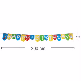 Happy Birthday Girlande im Asterix & Obelix Design mit bunten Wimpeln und Maßangaben 200 cm x 19 cm.