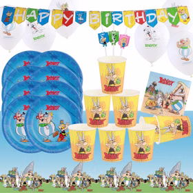Asterix & Obelix Party-Set mit Tellern, Bechern, Servietten, Girlande, Ballons, Trinkhalmen und Tischdecke in Übersichtsdarstellung.