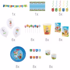 Übersicht der enthaltenen Bestandteile des Asterix & Obelix Party-Sets mit Mengenangaben zu Dekoration und Geschirr.