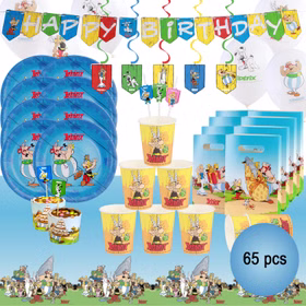 Asterix & Obelix 65-teiliges Party-Set mit Partygeschirr, Ballons, Girlande, Deckenhänger, Cupcakes, Geschenktüten und Tischdecke für Kindergeburtstag.