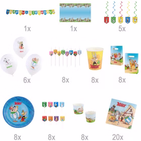 Übersicht der enthaltenen Bestandteile des Asterix & Obelix Party-Sets mit Mengenangaben zu Dekoration und Geschirr.