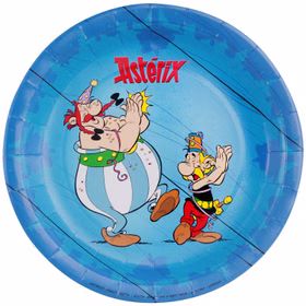 Blauer Asterix & Obelix Pappteller mit Comicmotiv und Partydesign in runder Einzelansicht.