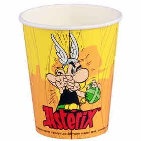 Gelber Asterix Partybecher mit Comicfigur und Logo in freigestellter Einzelansicht.
