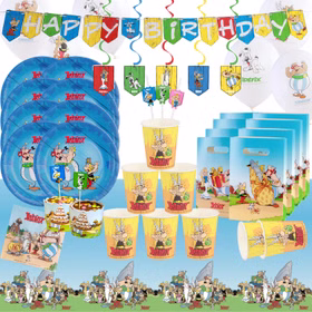 XXL Asterix & Obelix Party-Set mit Partygeschirr, Ballons, Girlande, Deckenhänger, Cupcakes, Geschenktüten und Tischdecke für Kindergeburtstag.