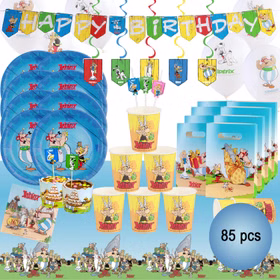 Asterix & Obelix 85-teiliges Party-Set mit Partygeschirr, Ballons, Girlande, Deckenhänger, Cupcakes, Geschenktüten und Tischdecke für Kindergeburtstag.