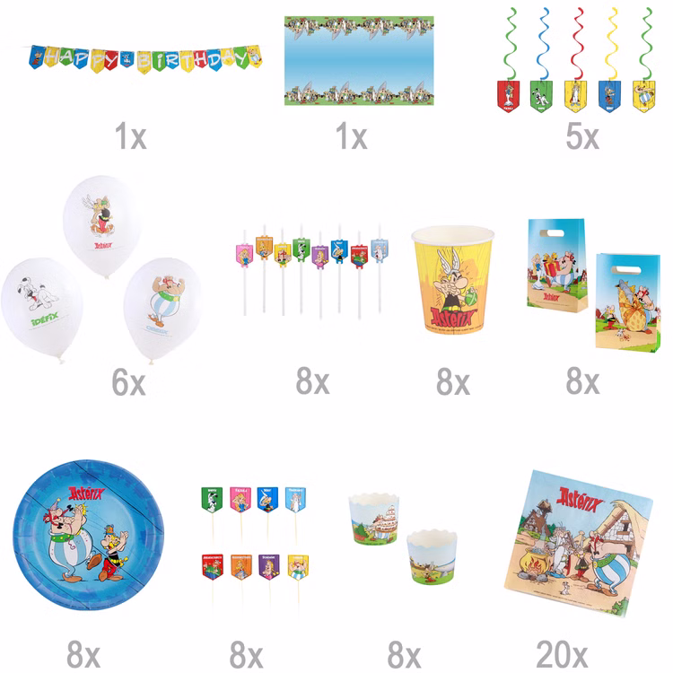 XXL Asterix & Obelix Geburtstag Party-Set Tisch-Deko 85-tlg. Part-Deko Kindergeburtstag Comic-Helden Dekoration gedeckter Tisch Übersicht der enthaltenen Bestandteile des Asterix & Obelix Party-Sets mit Mengenangaben zu Dekoration und Geschirr.